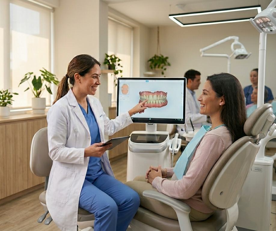 Doctora de Dento explicando un tratamiento a una paciente